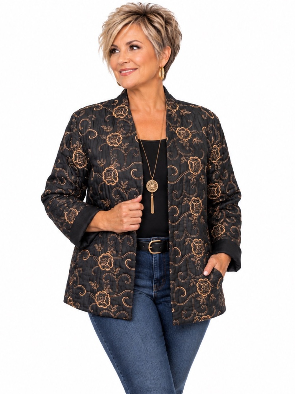 𝙈𝙖𝙜𝙜𝙞𝙚 𝘽𝙖𝙧𝙣𝙚𝙨 Blazer Jacket Black Embroidered Floral Open Front Large/XL